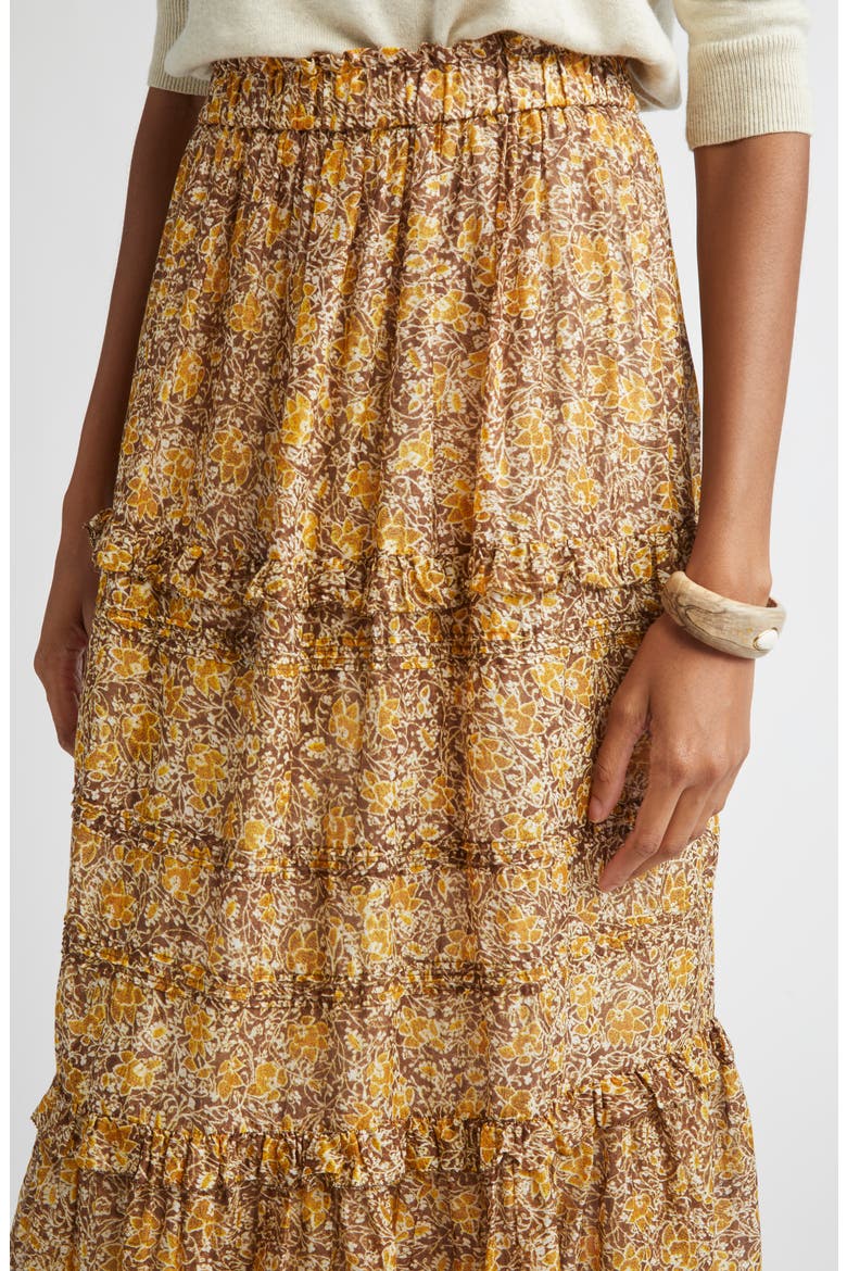 Volomia Mixed Print Tiered Cotton Maxi Skirt, Alternate, color, BROWN/ KHAKI/ YELLOW