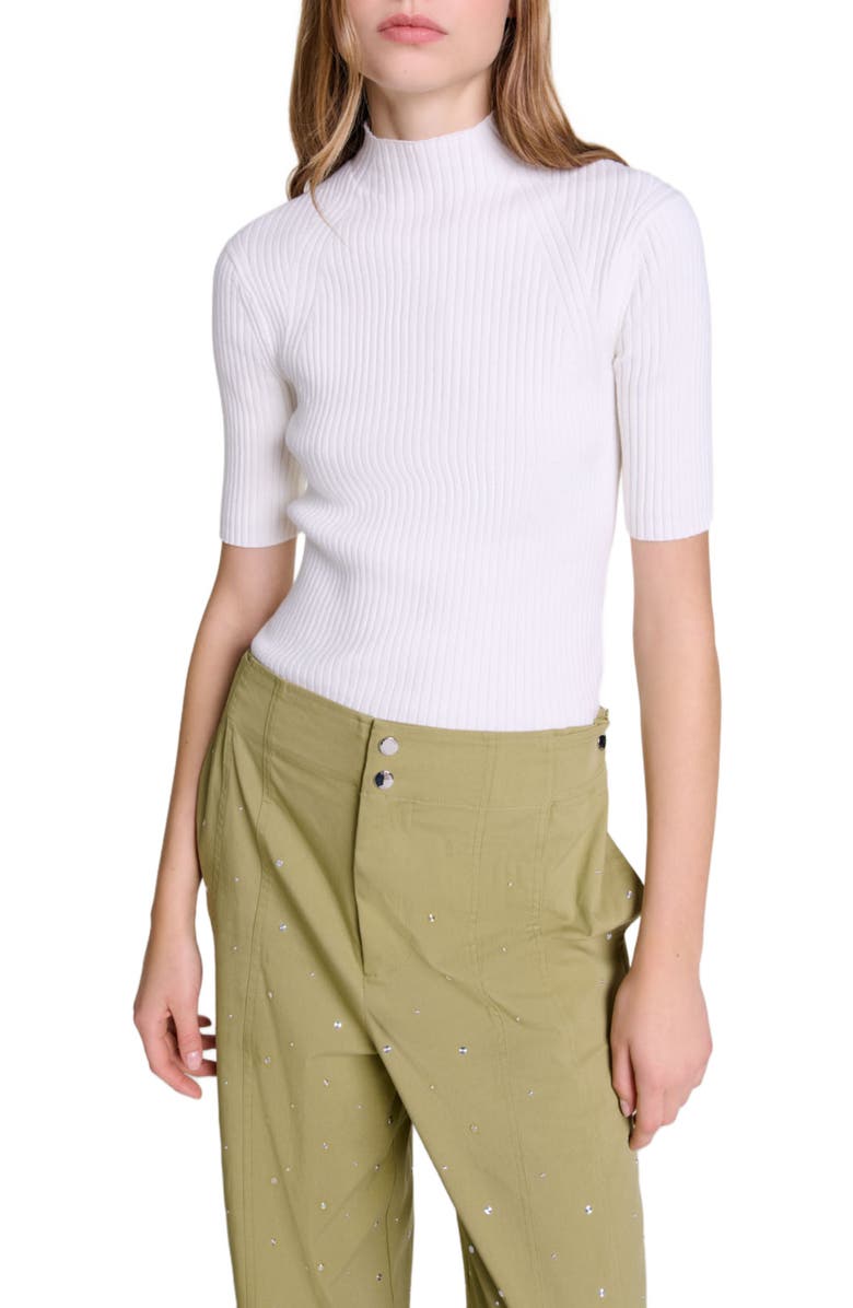 maje Cotton and silk ribbed top, Main, color, Ecru