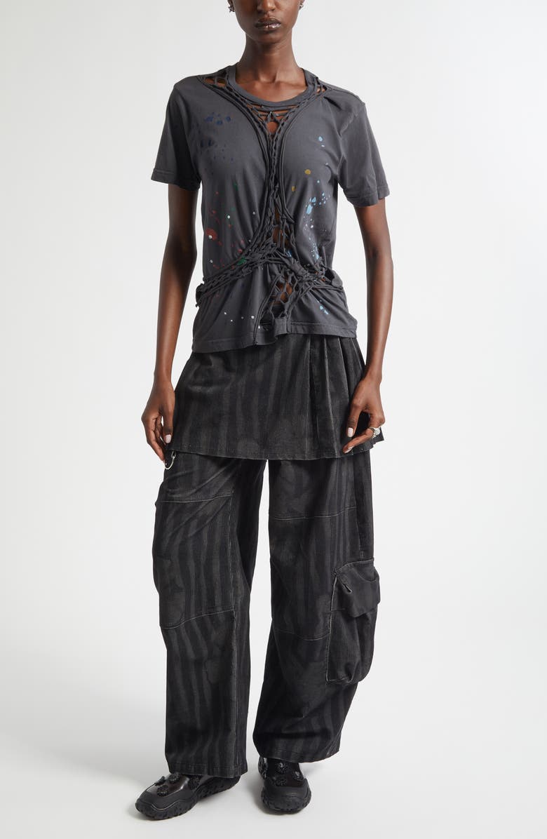 Collina Strada Lawn Plaid Skirt Overlay Cargo Pants, Alternate, color, Black Wavy Flower Stripe
