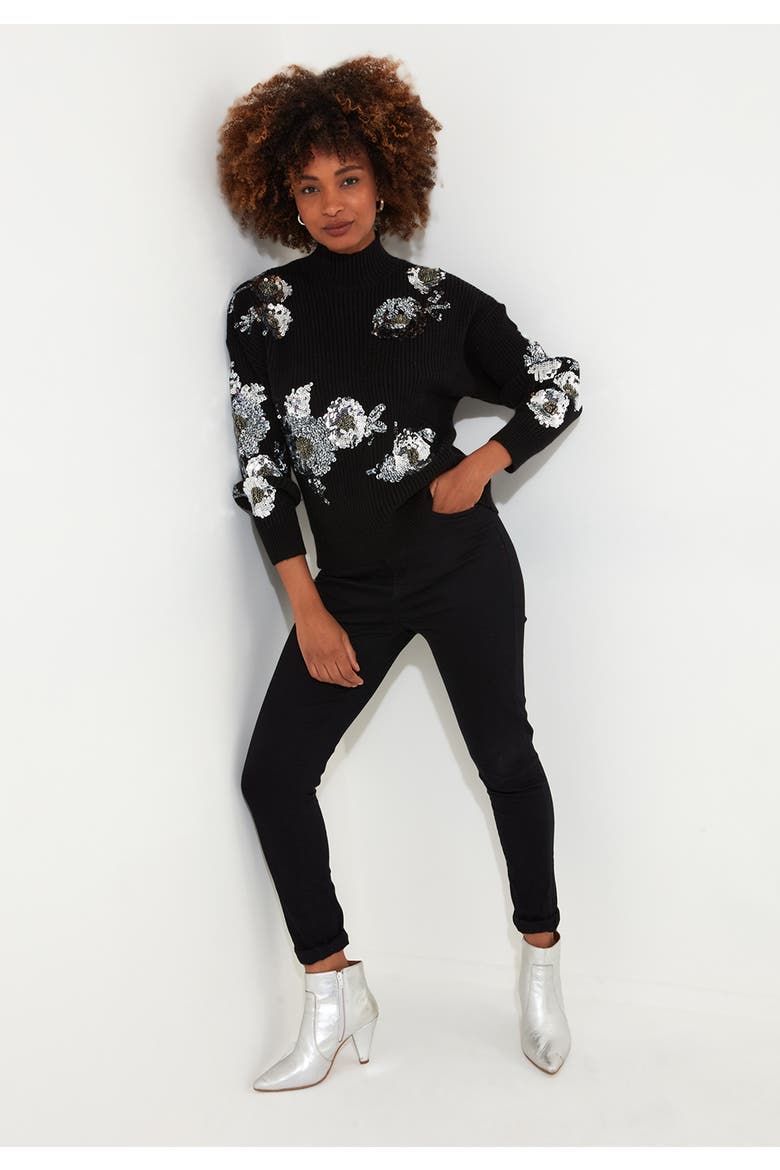 Mockneck Shimmer Sweater, Alternate, color, SILVER SEQUIN FLORAL