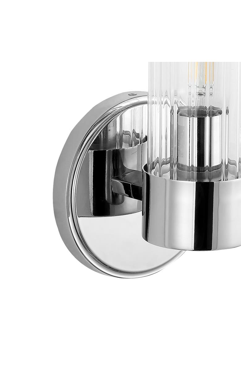 JONATHAN Y Cecil 1-Light Tall Cylinder Iron/Striped Glass Modern Mid-Century LED Vanity, Alternate, color, Chrome With Clear Shade