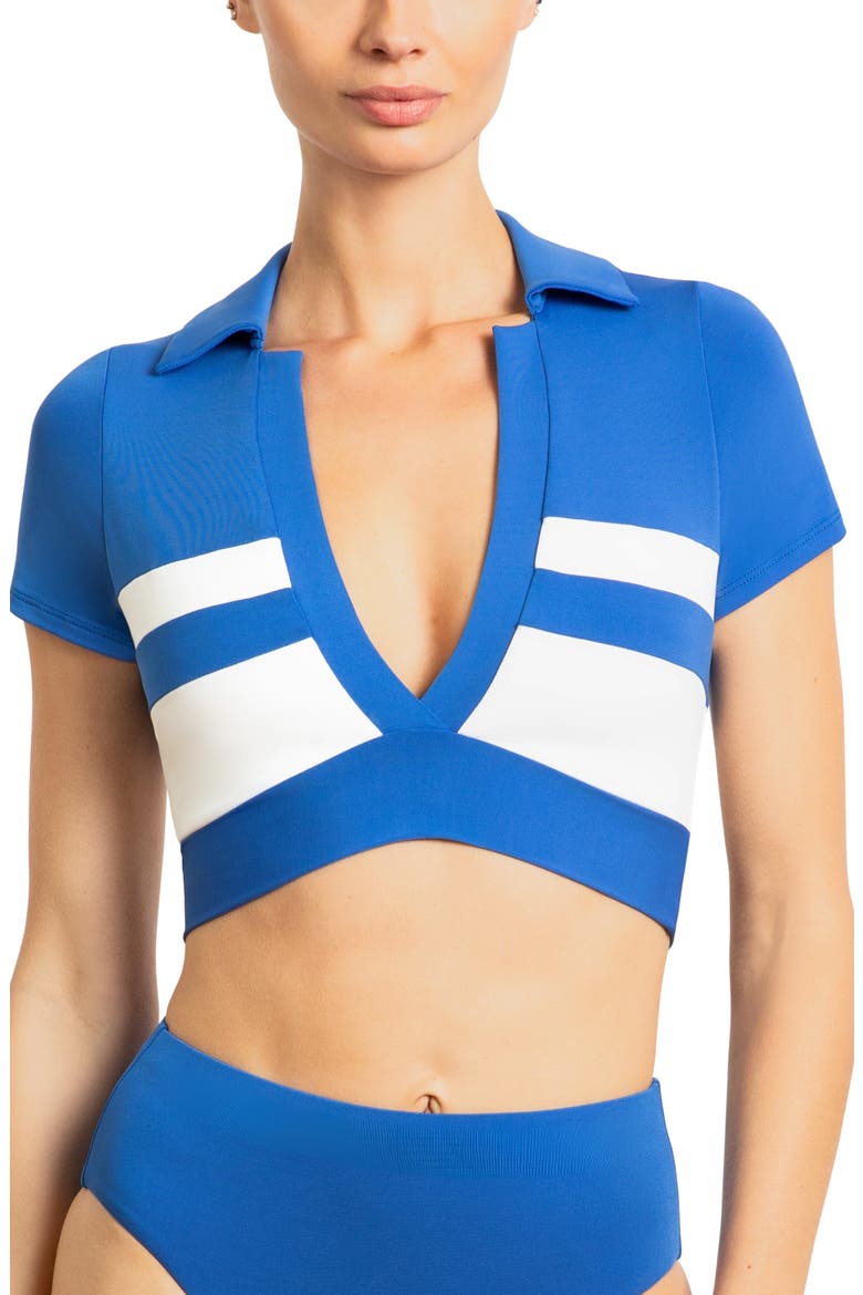 Babe Stripe Short Sleeve Bikini Top, Main, color, BLUEBERRY/ WHITE