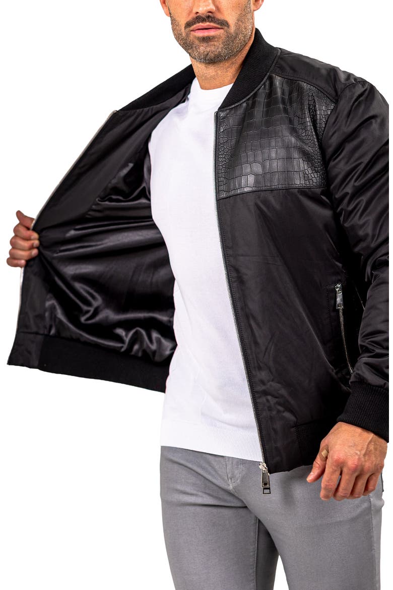 Croc Embossed Leather Bomber Jacket, Alternate, color, BLACK