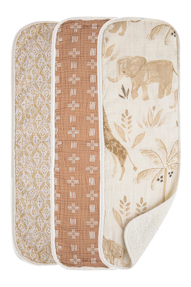 3-Pack Cotton Baby Burp Cloth Set, Main, color, TAN/ MULTI