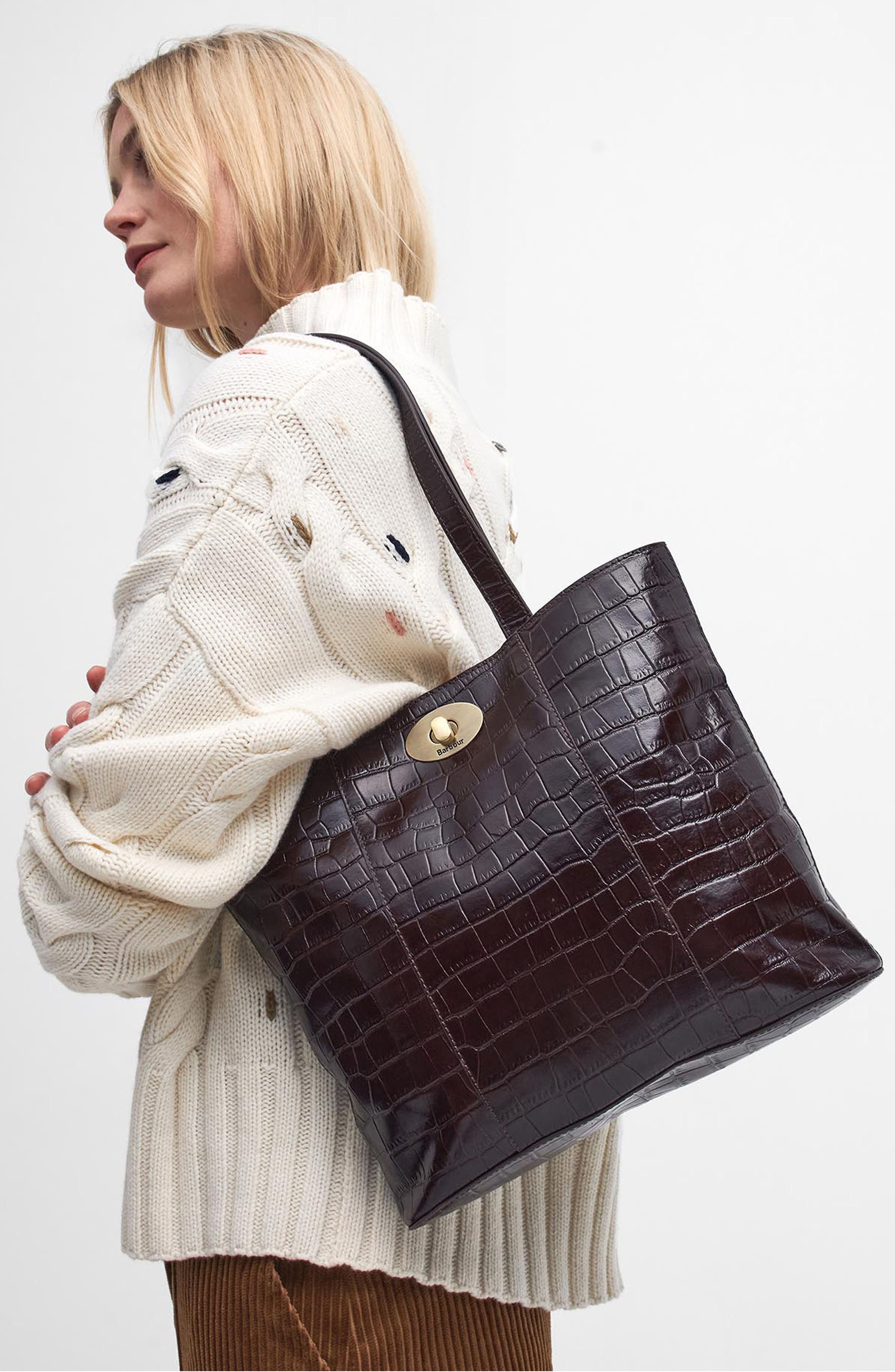 Barbour Eilein Croc Embossed Leather Tote, Main, color, 
