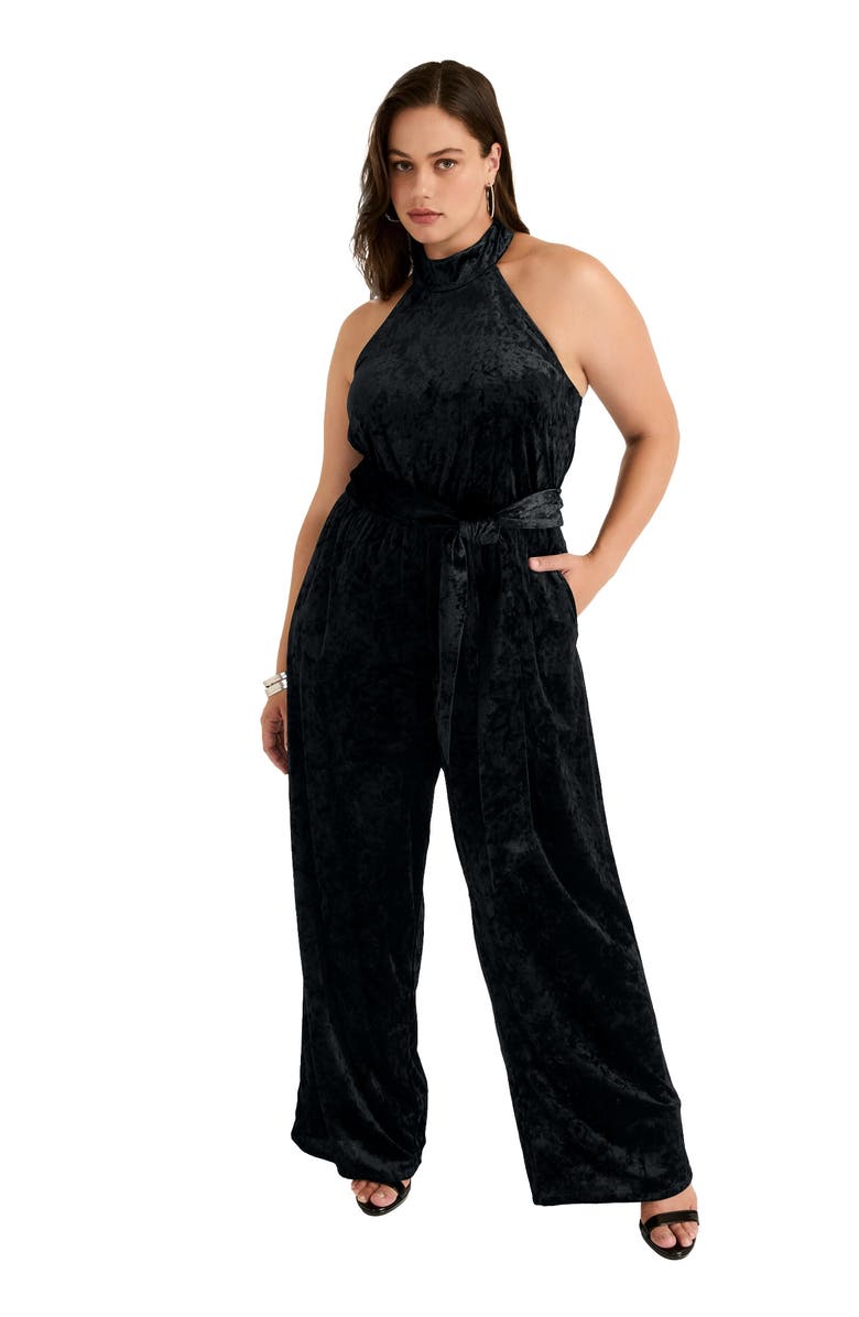 June + Vie Crushed Velvet Halterneck Jumpsuit, Main, color, Black Onyx
