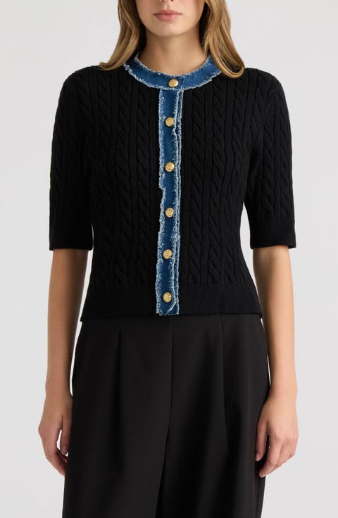 Cable Cardigan with Denim Trim