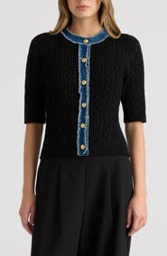 NVLT Cable Cardigan with Denim Trim