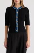 NVLT Cable Cardigan with Denim Trim