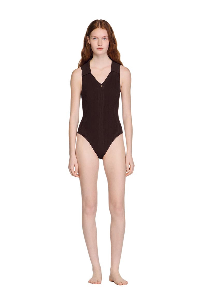 Ribbed knit polo bodysuit, Alternate, color, Brown
