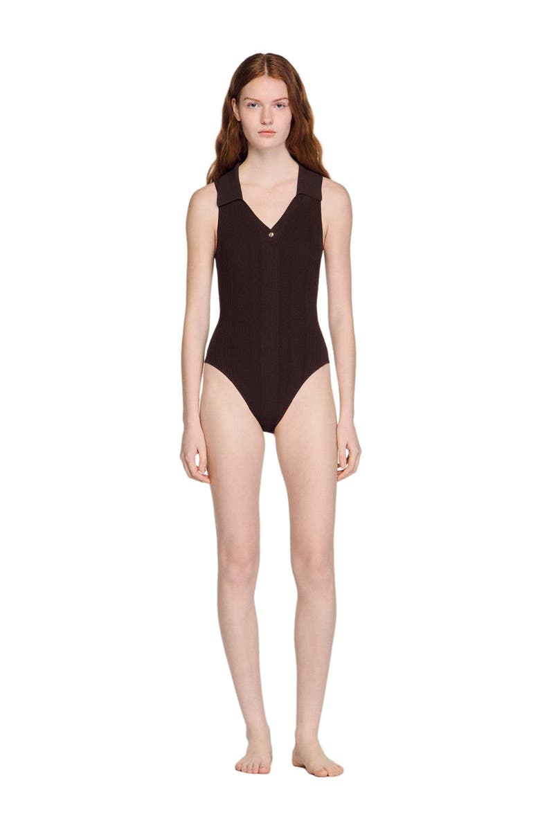 SANDRO Ribbed knit polo bodysuit, Alternate, color, Brown