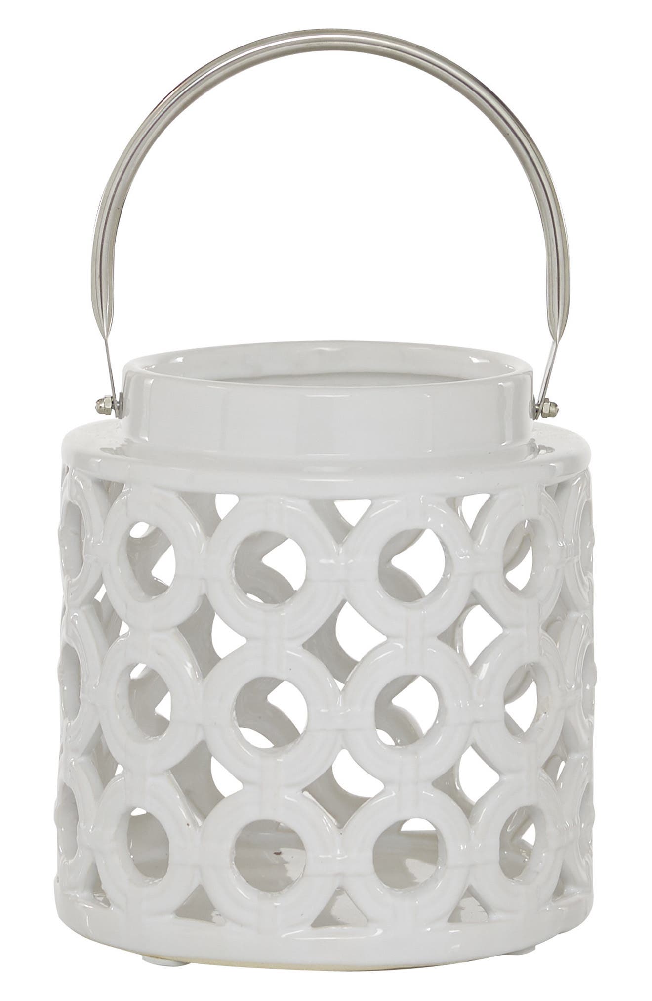 GINGER BIRCH STUDIO White Ceramic Circles Pillar Candle Lantern with Cut Out Design
