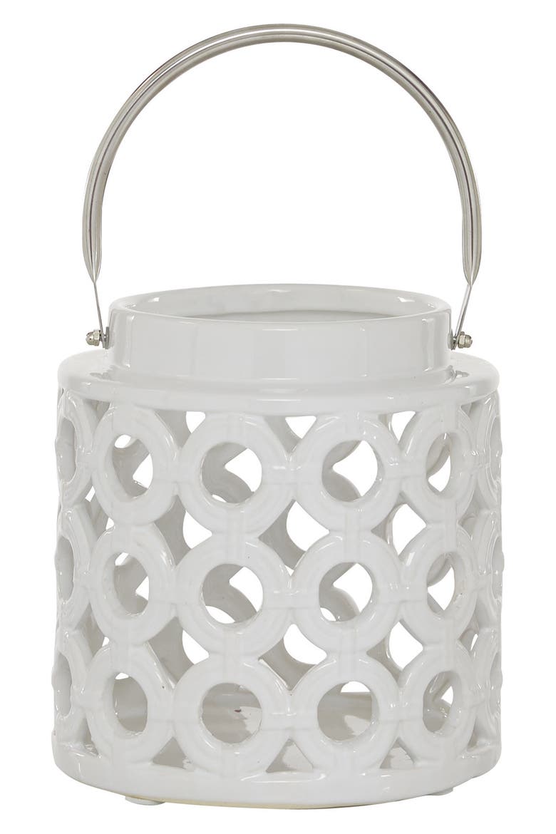 White Ceramic Circles Pillar Candle Lantern with Cut Out Design, Main, color, WHITE