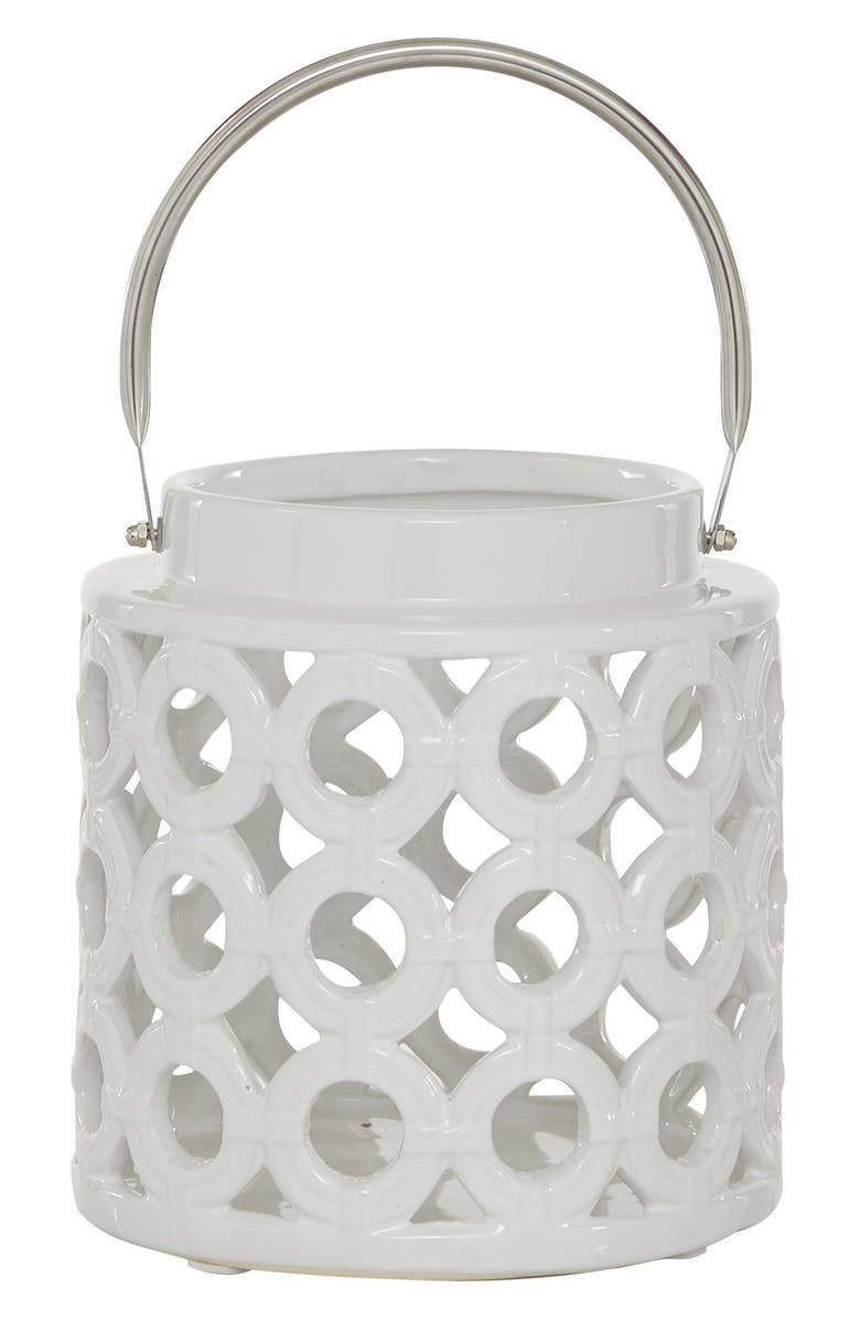 GINGER BIRCH STUDIO White Ceramic Circles Pillar Candle Lantern with Cut Out Design, Main, color, White