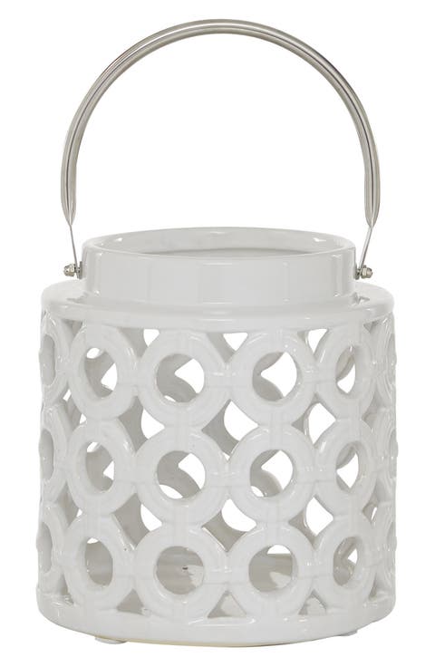 White Ceramic Circles Pillar Candle Lantern with Cut Out Design