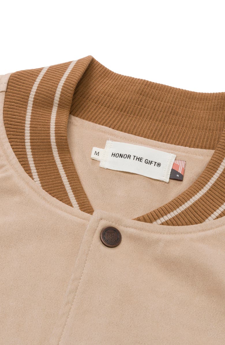 HONOR THE GIFT Oil Head Varsity Jacket, Alternate, color, Tan