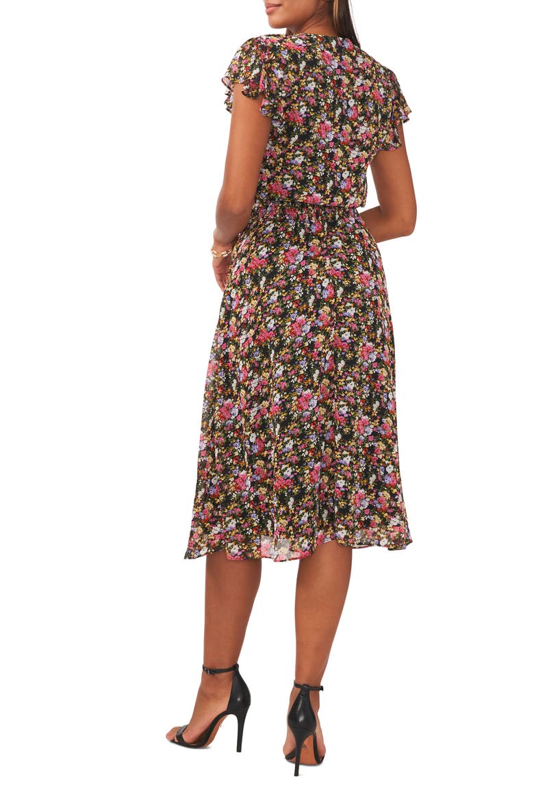 Floral Smocked Waist Midi Dress, Alternate, color, FUCHSIA/PURPLE/GOLD