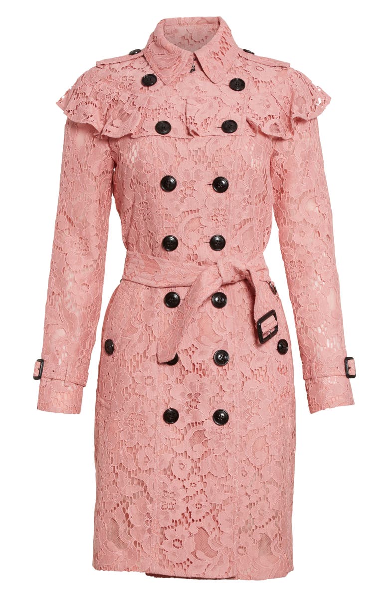 Burberry Stanhill Ruffle Lace Trench Coat, Alternate, color,