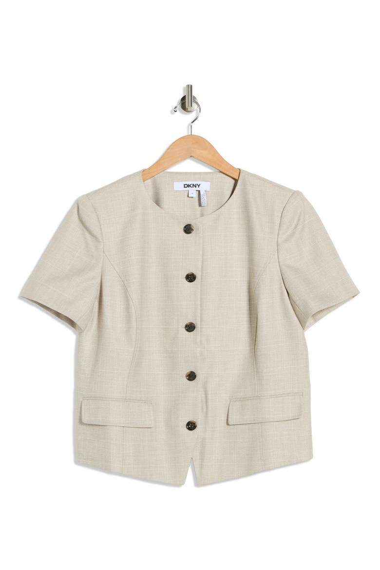 Windowpane Short Sleeve Mélange Jacket, Alternate, color, PEBBLE/ WHITE COMBO