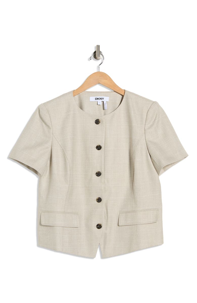 DKNY Windowpane Short Sleeve Mélange Jacket, Main, color, Pebble/ White Combo