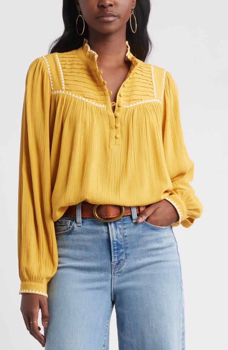 Treasure & Bond High Neck Embroidered Long Sleeve Top, Main, color, Yellow Myth