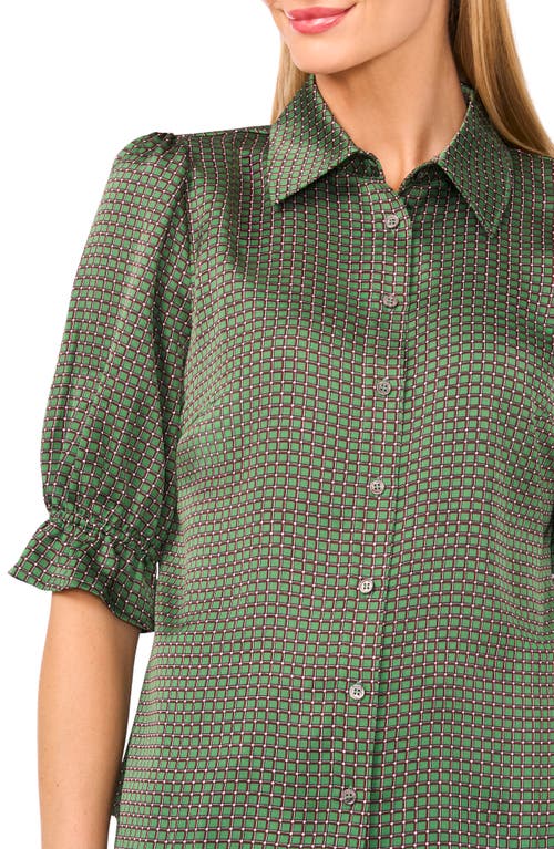 Cece Geo Print Elbow Sleeve Button-up Satin Shirt In Green