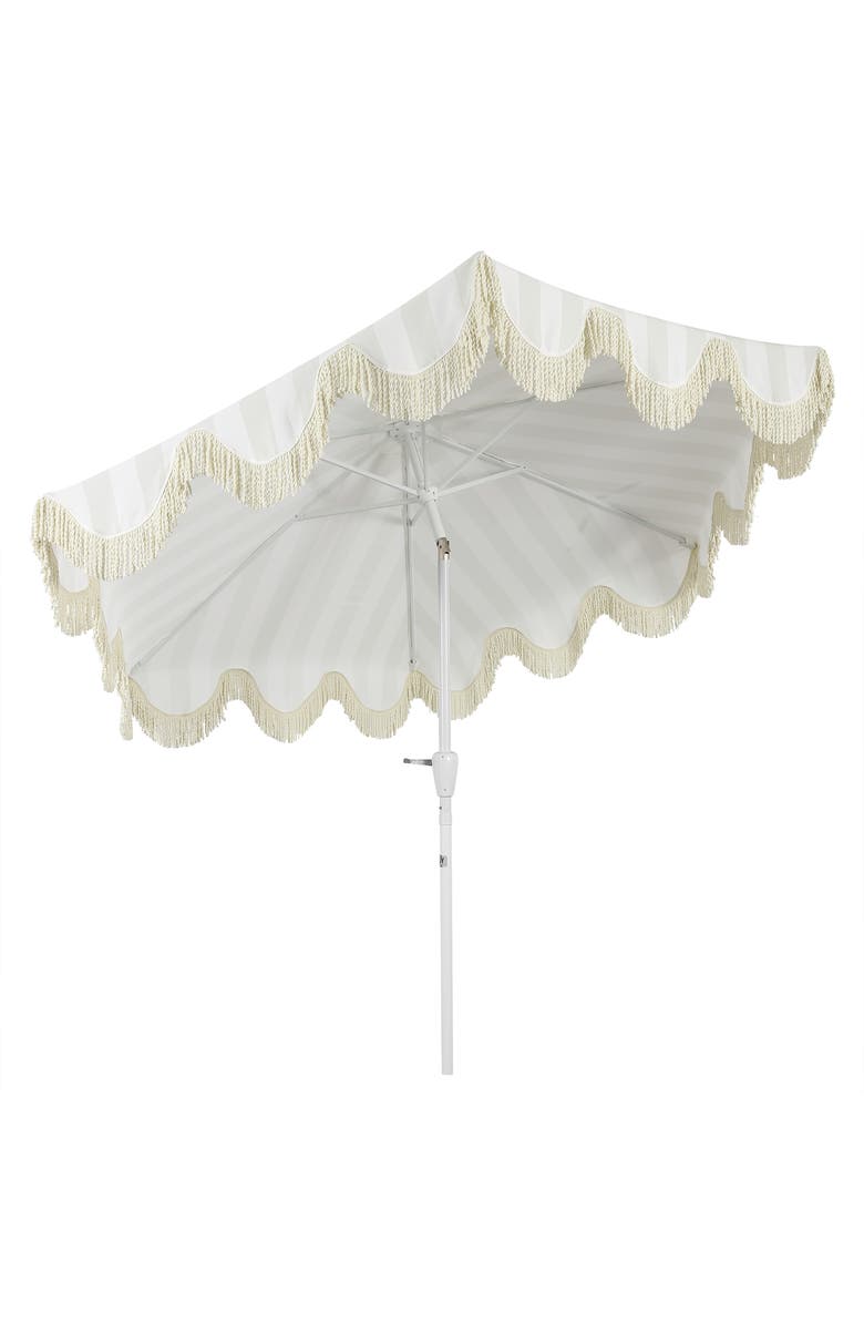 JONATHAN Y Collins 9 ft. Classic Cottage Fringe Tassel Market Patio Umbrella with Auto-Tilt Crank, Alternate, color, Light Gray - White Pole