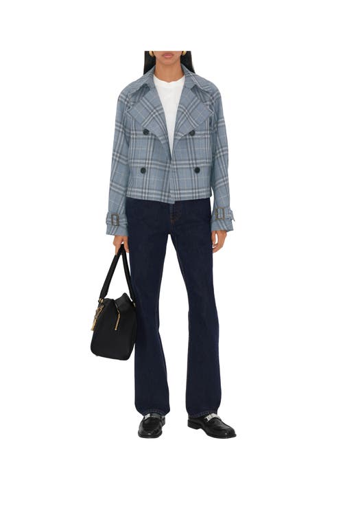 Shop Burberry Check Silk Blend Trench Jacket In Gale