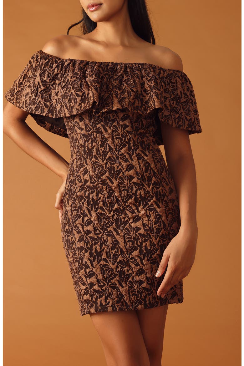 Off the Shoulder Ruffle Short Sleeve Minidress, Alternate, color, BROWN