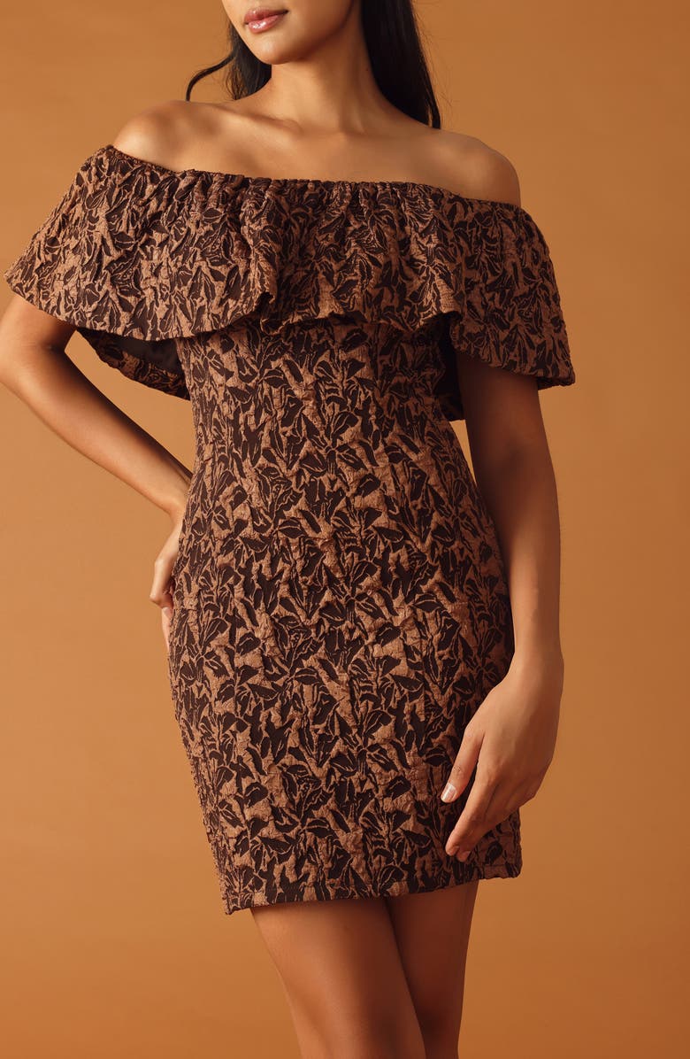 FLYING TOMATO Off the Shoulder Ruffle Short Sleeve Minidress, Alternate, color, Brown