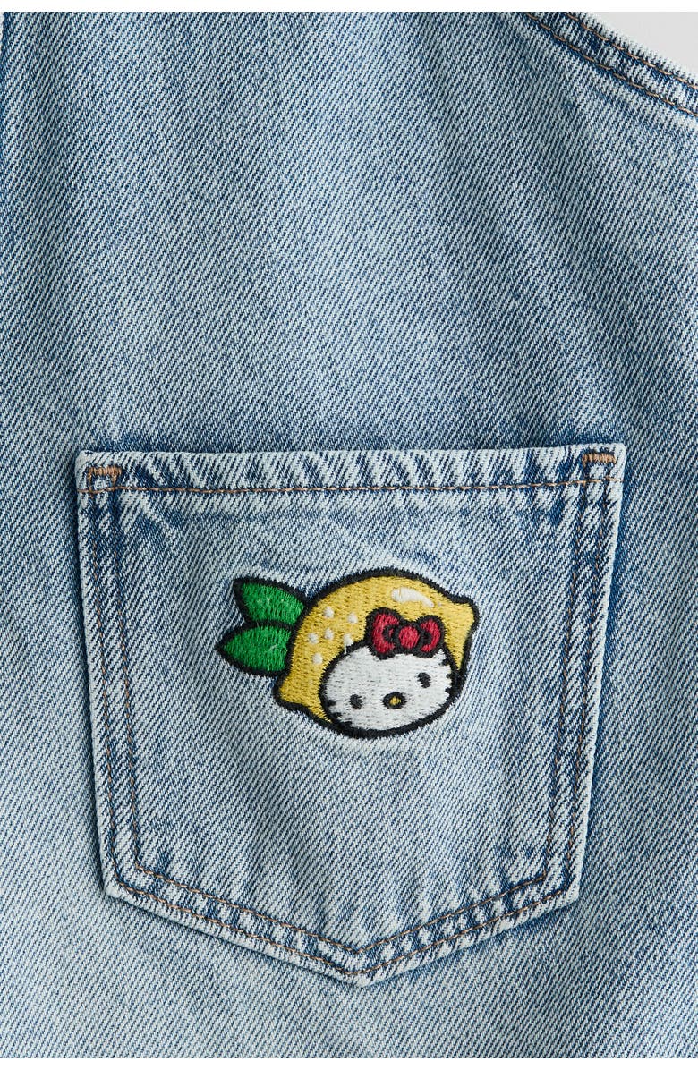 H&M Appliquéd denim overall shorts, Alternate, color, Light Denim Blue/Hello Kitty