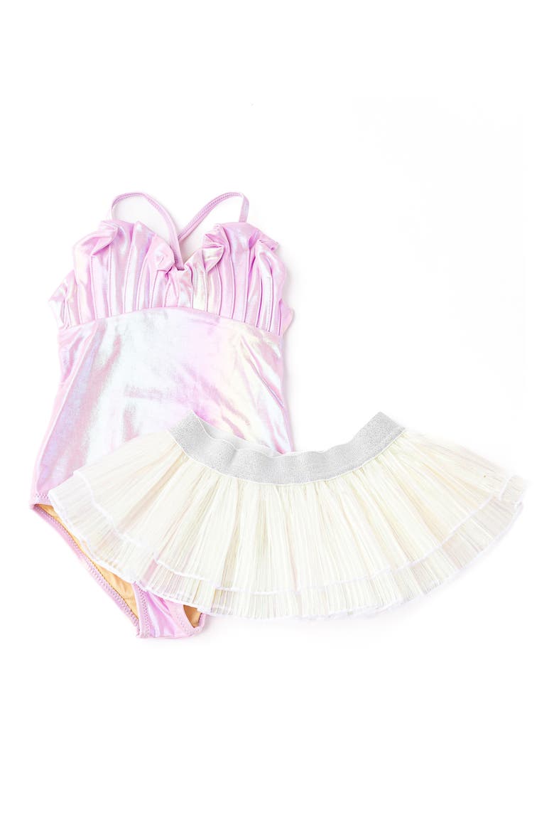 Kids' Metallic UPF 50+ One-Piece Swimsuit & Plissé Cover-Up Skirt Set, Main, color, LILAC