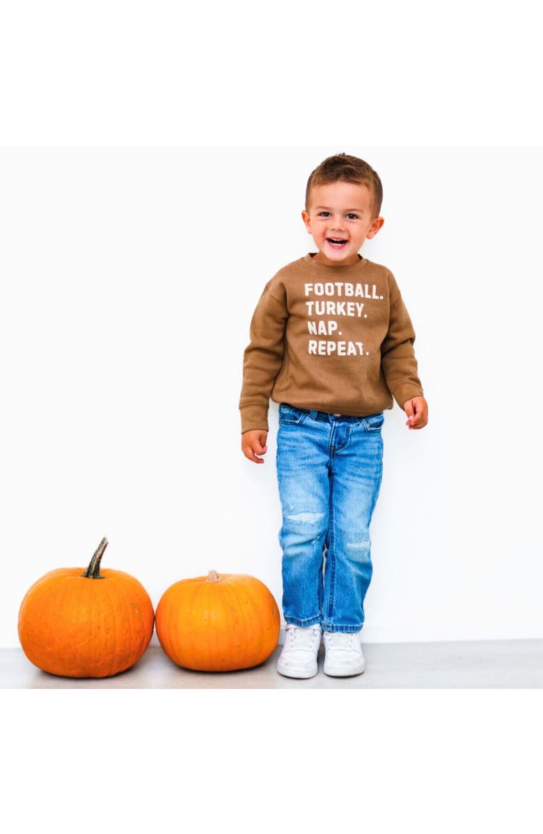 Sweet Wink Football Turkey Nap Repeat Thanksgiving Sweatshirt, Alternate, color, Mocha