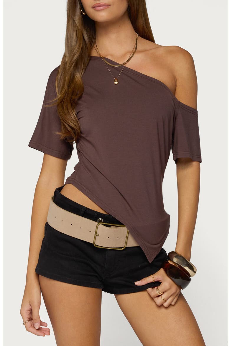 Elori Asymmetric Off the Shoulder T-Shirt, Main, color, BROWN