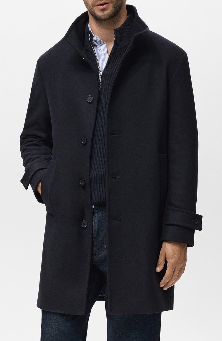 MANGO Wool Blend Funnel Neck Coat, Main, color, Navy