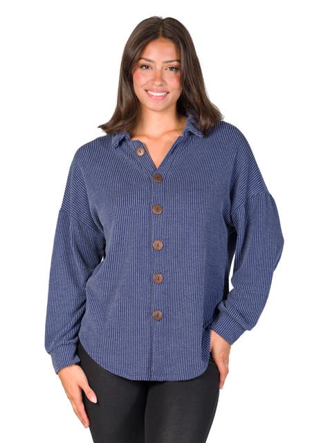 Ribbed Button Up Long Sleeve Collared Shirt Jacket