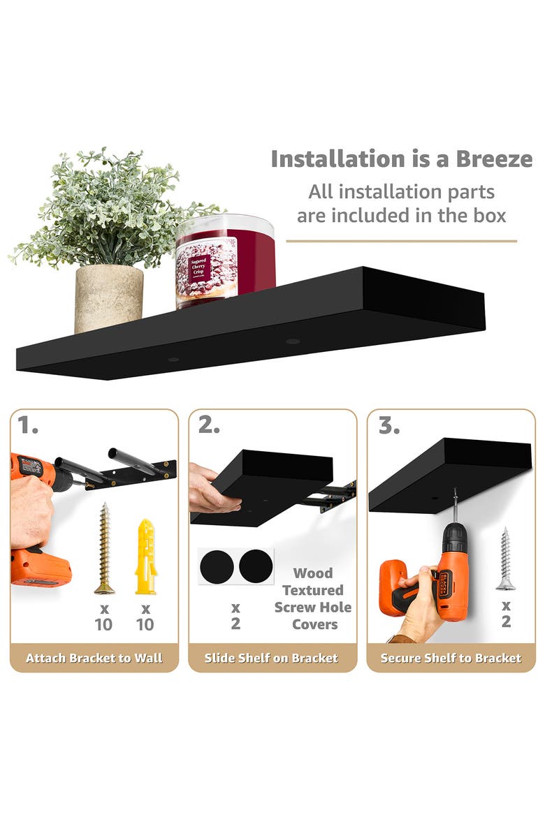 24" x 9" Set of 4 Floating Wall Shelves, Alternate, color, BLACK