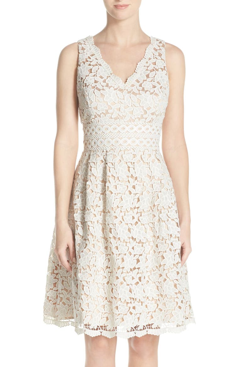 Lace Fit & Flare Dress, Main, color, WHITE