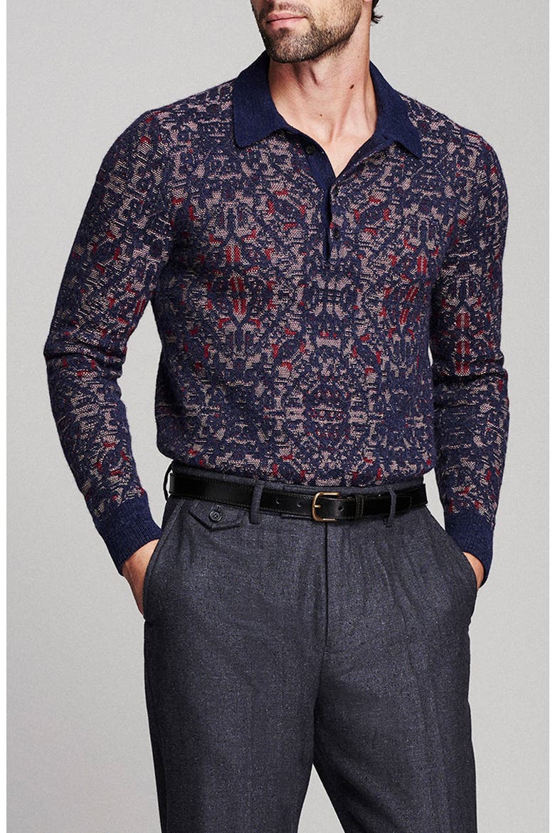 Long Sleeve Tile Jacquard Polo, Main, color, CARBON BLUE MULTI