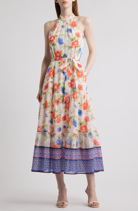 Patio Floral Print Halter Neck Clip Dot Midi Dress