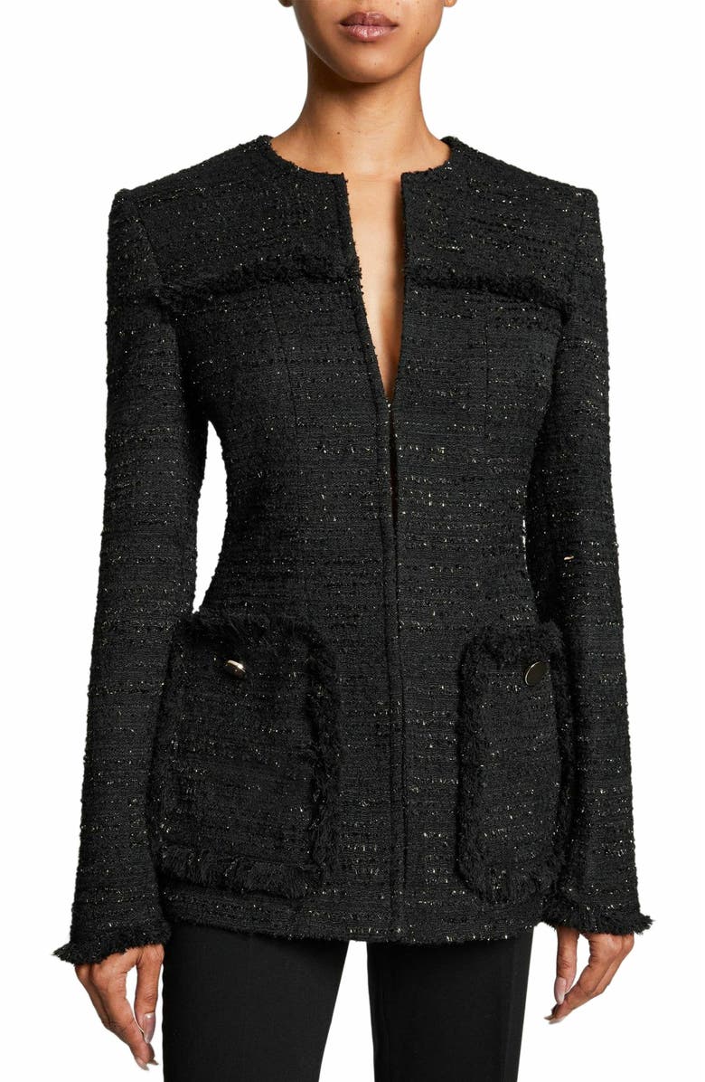 Santorelli BRITT Black with Gold Lurex Tweed Jacket with Fringe Detail, Alternate, color,