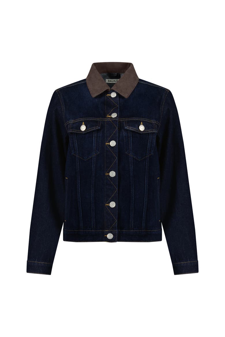Nalan Denim Trucker Jacket, Alternate, color, Dark Denim & Dark Chocolate