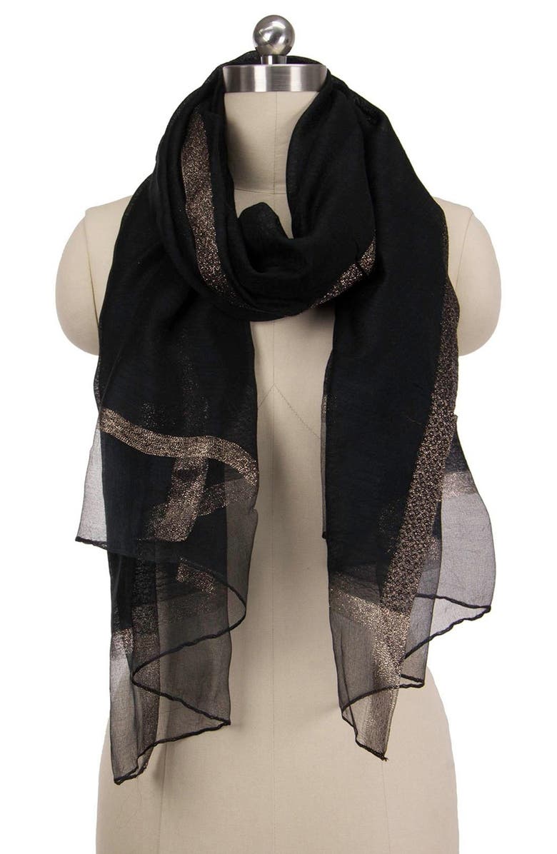 SAACHI Shimmer Border Metallic Trim Scarf, Alternate, color, Black