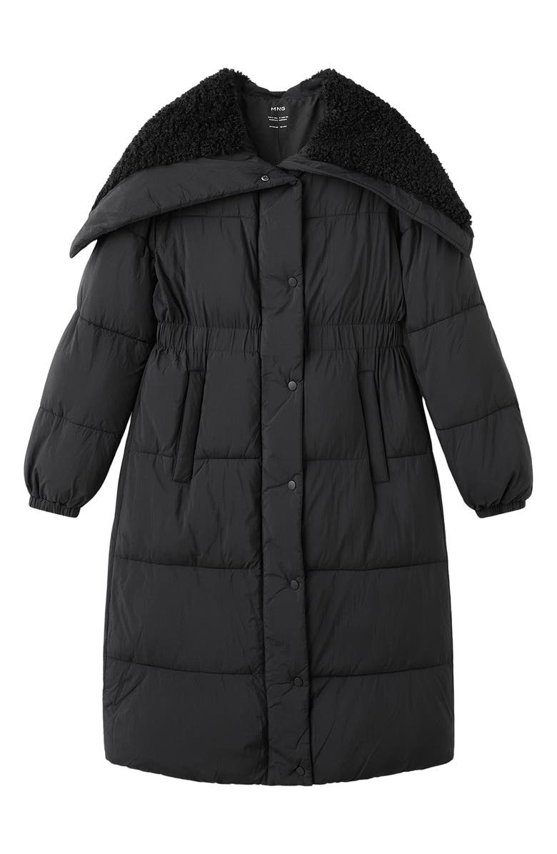 MANGO Quilted Hooded Coat with Faux Shearling Trim, Alternate, color, Black