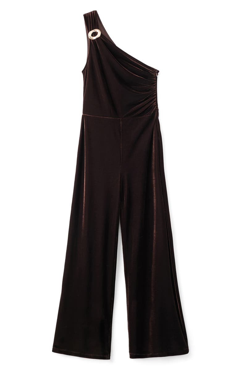 MANGO One-Shoulder Velvet Jumpsuit, Alternate, color, Brown