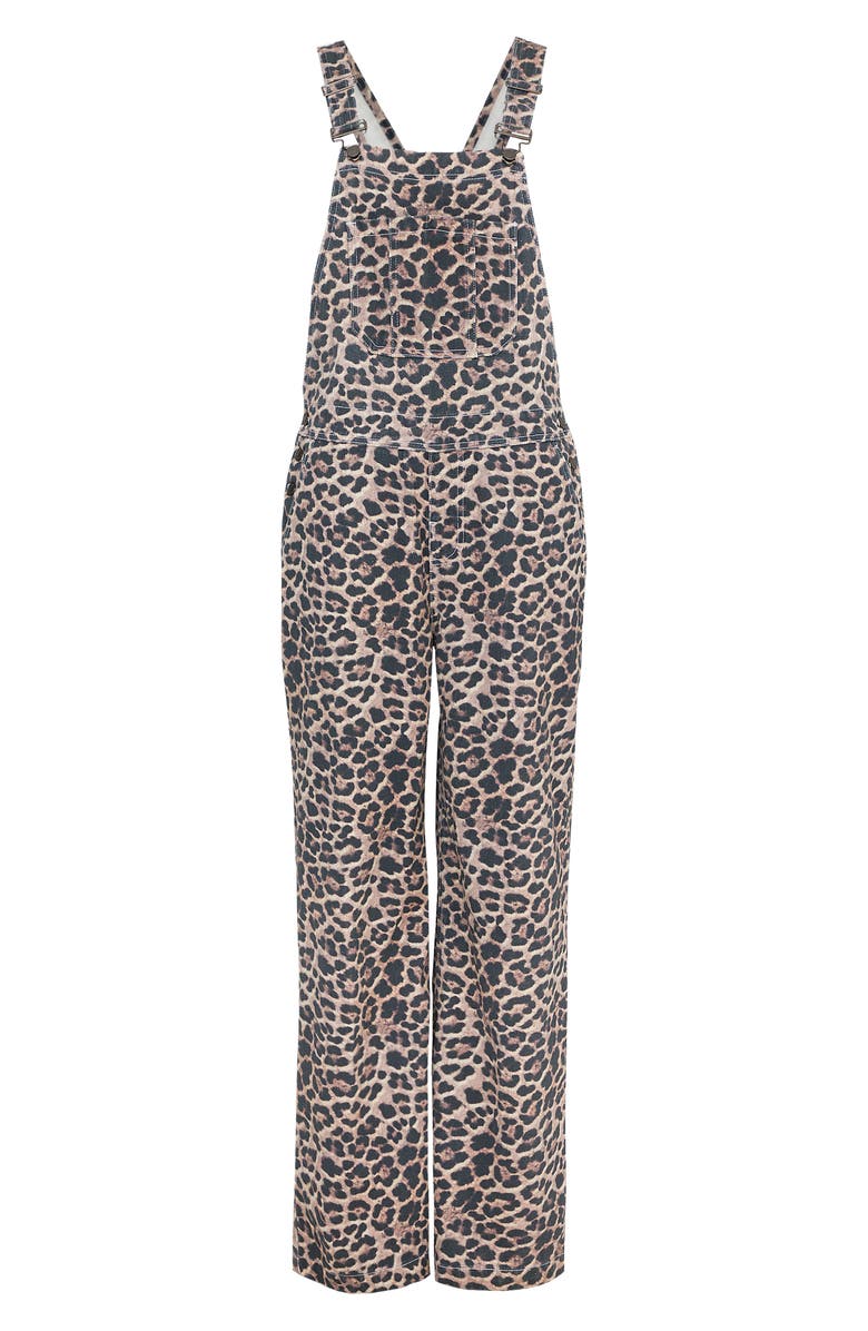 NASTY GAL Leopard Print Denim Overalls, Alternate, color, 