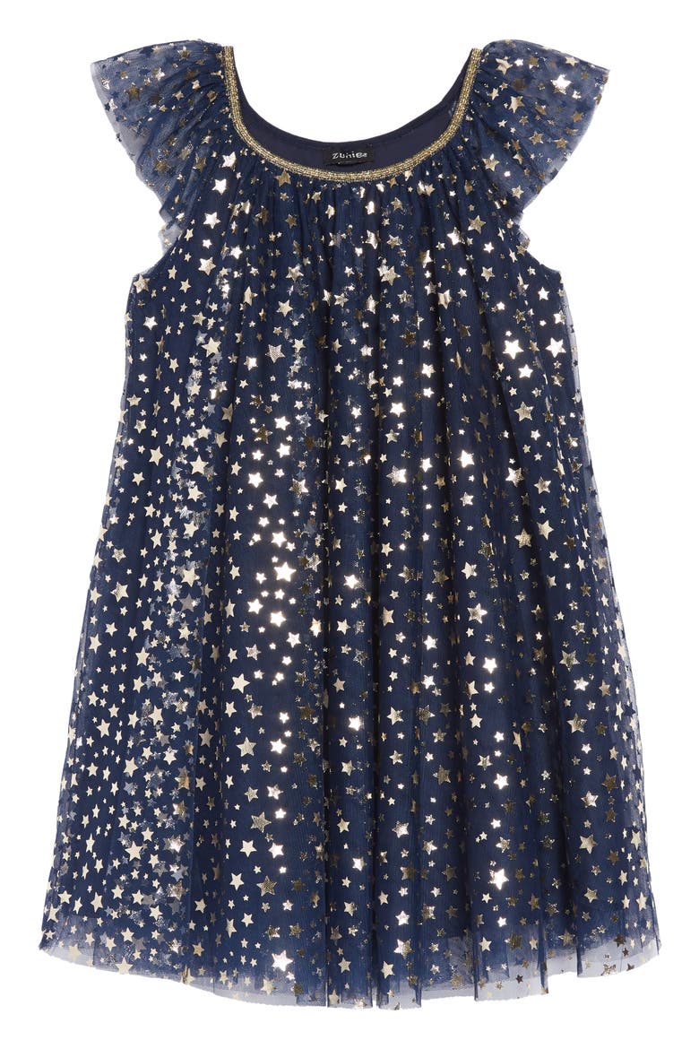 Foil Star Mesh Trapeze Dress, Main, color, NAVY STAR