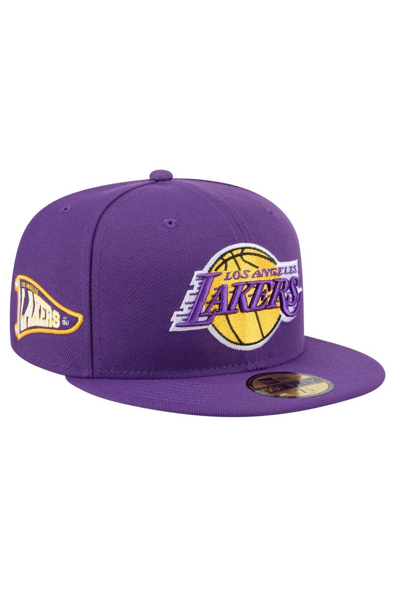 Men's New Era Purple Los Angeles Lakers Throwback Pennant 59FIFTY Fitted Hat, Main, color, Purple