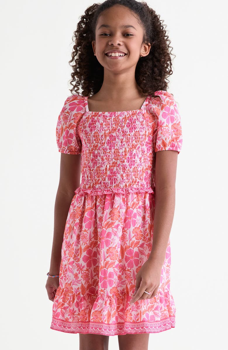 vineyard vines Kids' Smocked Bodice Puff Sleeve Cotton Blend Sundress, Alternate, color, Ashleigh Floral