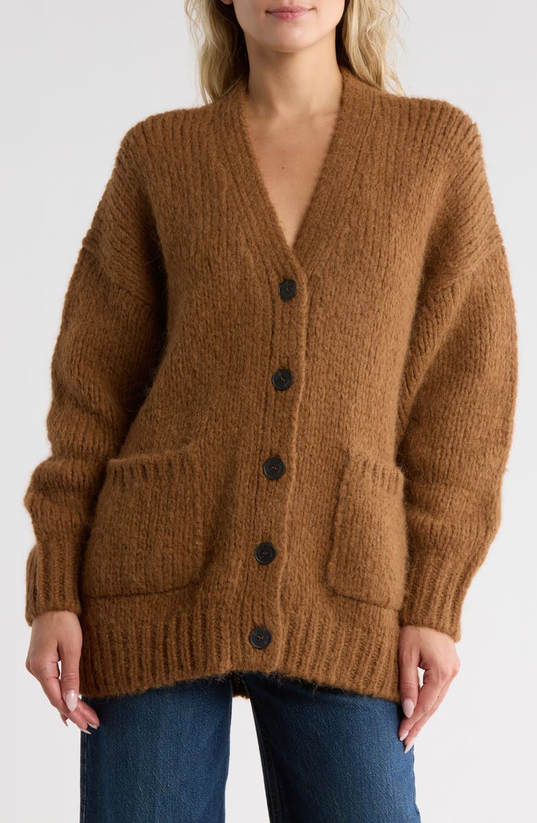 FRAME Bouclé Longline Cardigan, Main, color, Camel